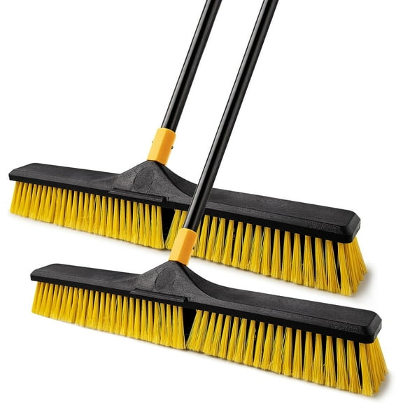 24 inch Push Broom Brush Stiff Bristles Heavy-Duty Outdoor Commercial for Cleaning Bathroom Kitchen Patio Garage Deck Concrete Wood Stone Tile Floor 65.3inch Long Handle 2PCS