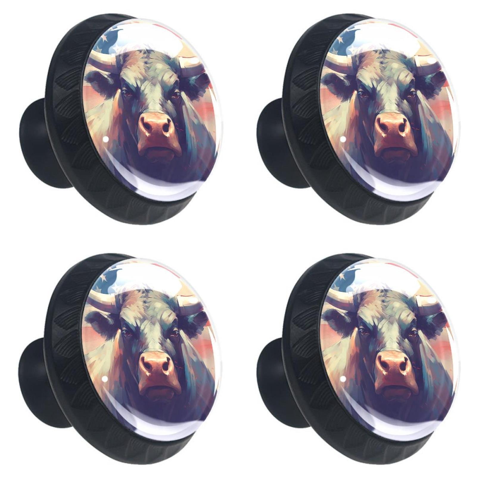 4 Pcs Cow American Flag Knobs for Kitchen Cabinet Cupboard Dresser Bookcase Drawer Pulls Handles Round Home Decor
