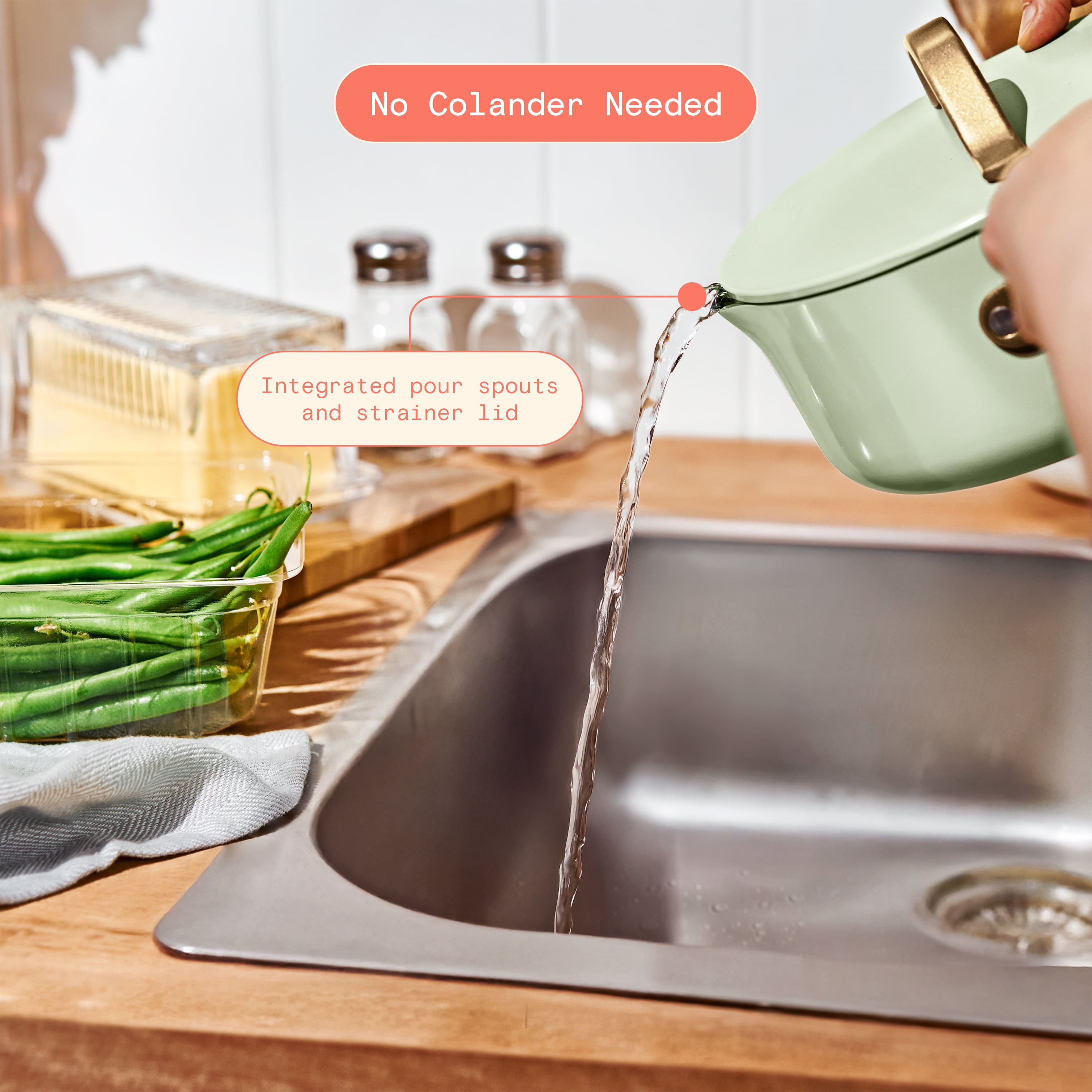 Beautiful 3 Quart Ceramic Non-Stick Covered Sauce Pan with Strainer Lid, Sage Green by Drew Barrymore