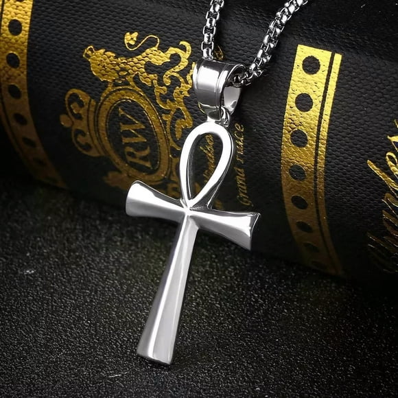 HOOUN Silver Egyptian Ankh Cross Pendant Protection Necklace Stainless Steel Chain 24"
