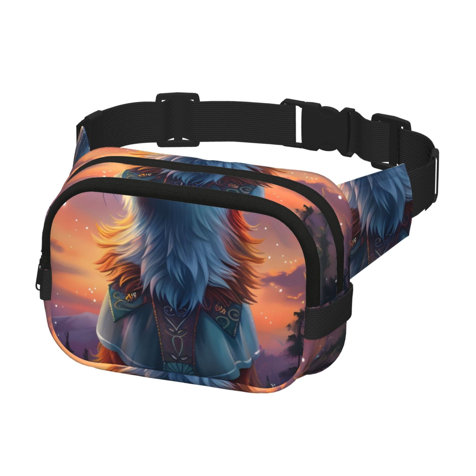 Picia Starry Sky Meditating Fox Print Square Double-Layer Waist Bag Mini Adjustable Waist Belt Bag Exercise Running Travel Hiking