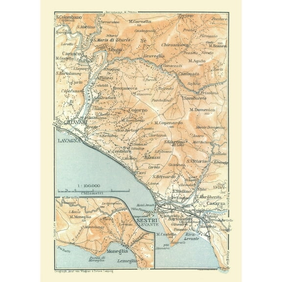 Historic Map - Chiavari Sestri Moneglia Italy - Bertarelli 1914 - Vintage Wall Art
