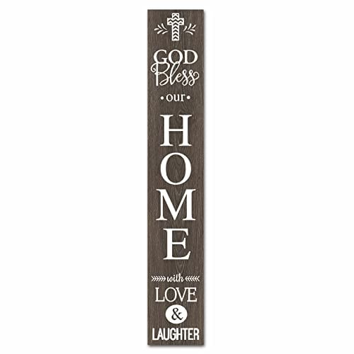 Vintage Inspirational Bless This Home Vertical Wooden Welcome Sign Bless Our Home with Love & Laughter Sign Farmhouse Home Decor For Indoor Outdoor Holiday Party Place Wood Sign 4x16 Inch
