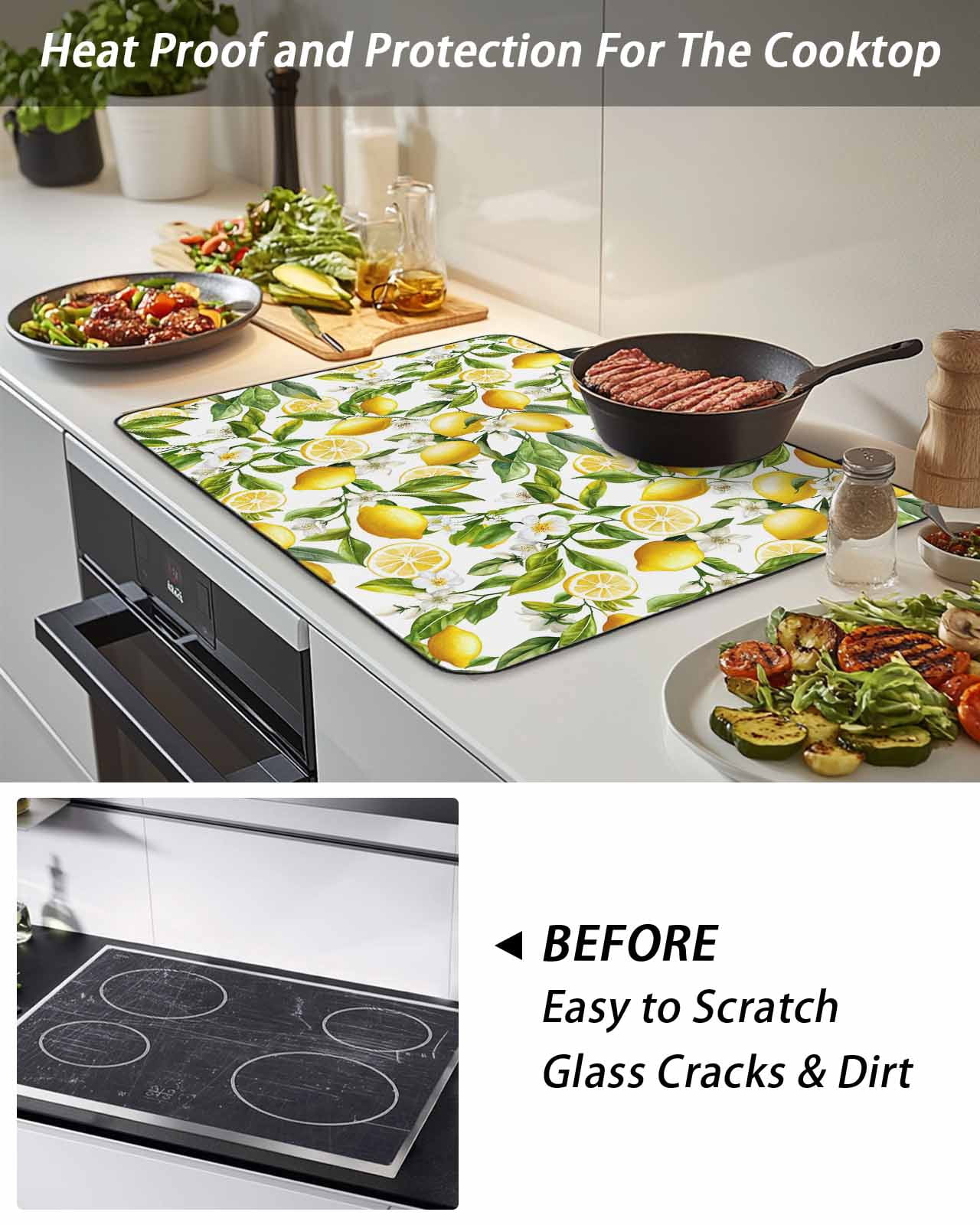 Stove Top Covers for Electric Stove, Lemon Yellow Glass Stovetop Cover Protector, Country Watercolor Floral Leaf Green White Induction Cooktop Protector Oven Mat for Kitchen Countertop 24"x21"