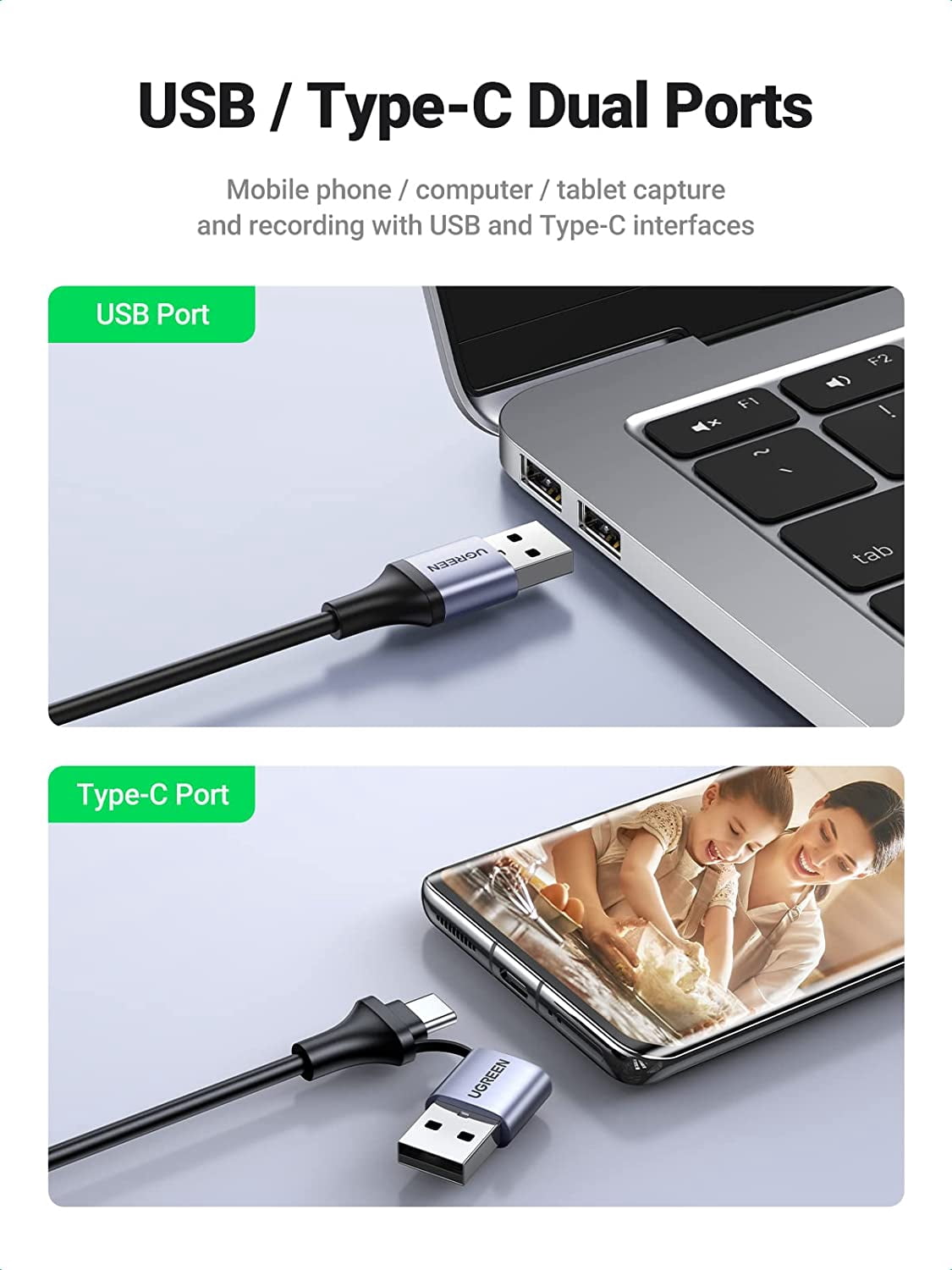 UGREEN HDMI Video Capture Card, 4K HDMI to USB-C/A Capture Device, 1080P 30Hz USB 2.0 Capture Card for Streaming, Recording, Gaming, Live Video, Compatible with PC, Camera, Laptop