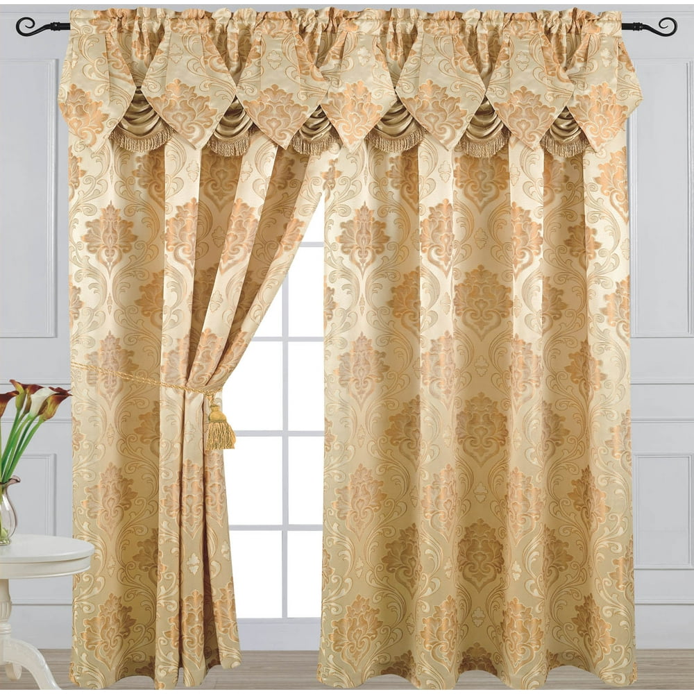 Luxury Jacquard Curtain Panel with Attached Waterfall Valance, 54 by 84