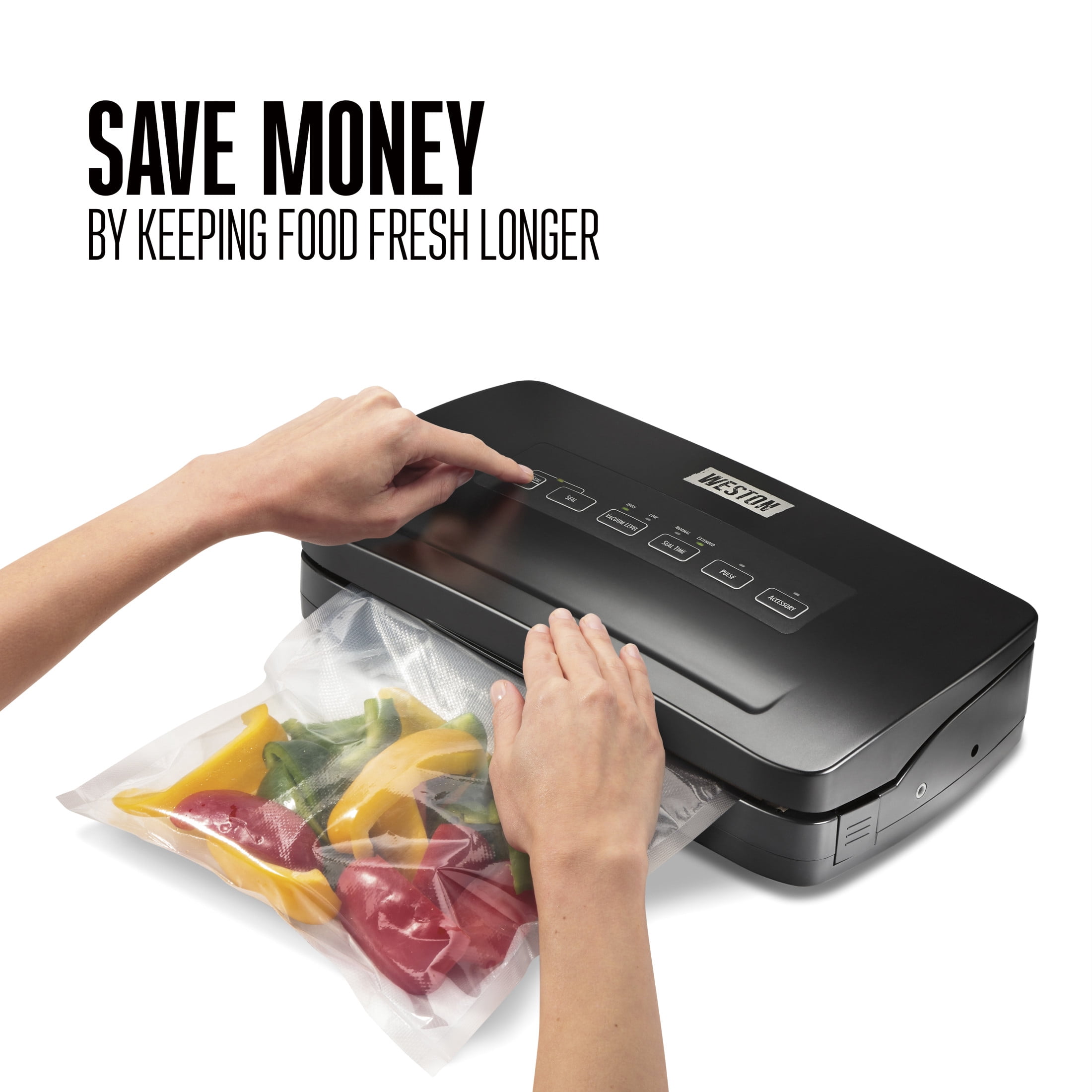 Weston Brands Vacuum Sealer Machine for Food Preservation & Sous Vide, Seals Bags up to 11” Wide, 110 Watts, 22.5” HG Strength, Includes Roll Storage and Starter Pack, Black