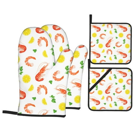 

Oven Mitts and Pot Holders Sets 4 pcs - Cilantro Shrimp Lemon Heat Resistant Silicone Oven Gloves with Non-Slip Silicone Surface and hot pads for kitchen Baking Cooking BBQ