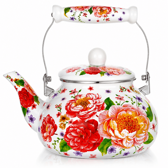Lnshop Vintage Floral Enamel Tea Kettle, 2.5L Rose Print Stovetop Teapot with Heat-Resistant Handle, Retro Botanical Hot Water Kettle for Tea, Coffee, Kitchen Decor