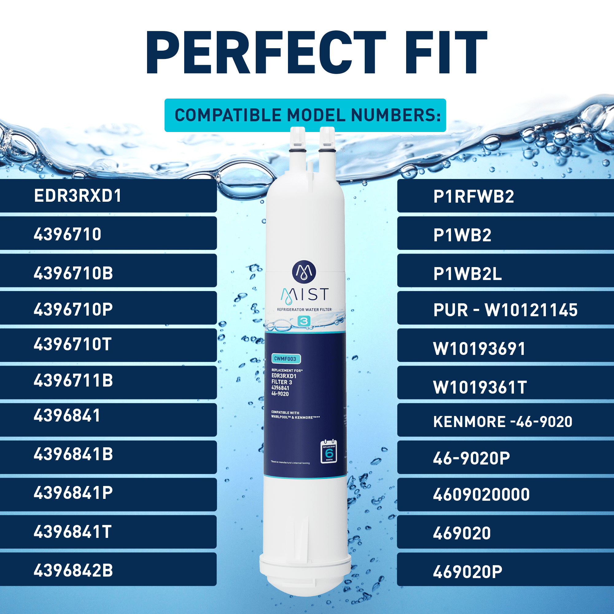 Mist 4396841 Water Filter Replacement for EDR3RXD1, Everydrop® Filter 3, Compatible with 4396841, 4396710, Kenmore® 46-9083, 46-9030, Refrigerator Water Filter (2 Pack)