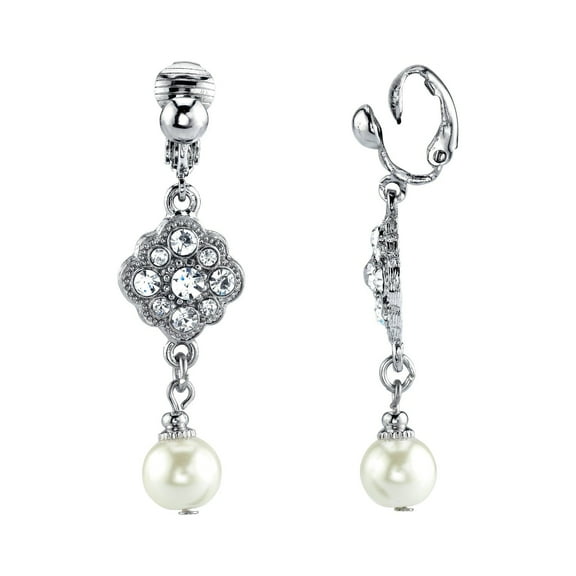 1928 Jewelry Women's Silver Tone Flower Crystal Cluster And Faux Pearl Clip On Earrings