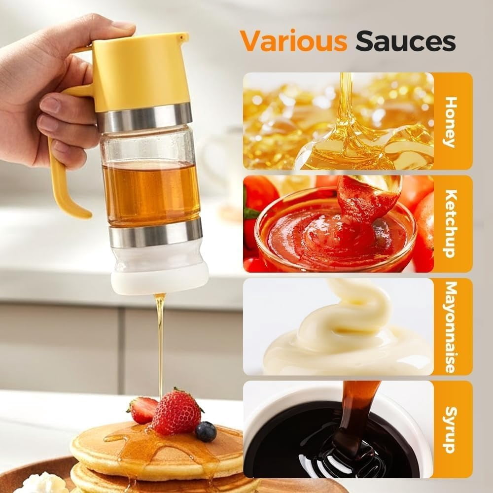 Honey Dispenser No Drip with Base,12 OZ Glass Honey Jar, Refillable No Drip Honey Jar with Handle, Clear Glass Syrup Dispenser for Honey, Maple Syrup, Coffee, Tea & Pancakes(Yellow,300ml)