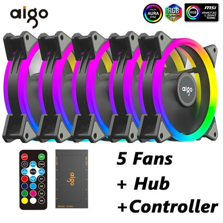 Aigo R12 Pro PC Case Cooling Fan RGB Lighting 120mm Computer Cooler ARGB AURA SYNC Fan Supports 5V Motherboard Synchronization 5 Fans with Hub and Controller Mute PC Fan 5in1