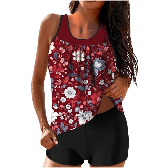 CLOISE Plus Size Swimsuits for Women Tankini 2 Piece Swimwear with Boy Shorts High Waist Full Coverage Flowers Bathing Suit Vacation Beachwear