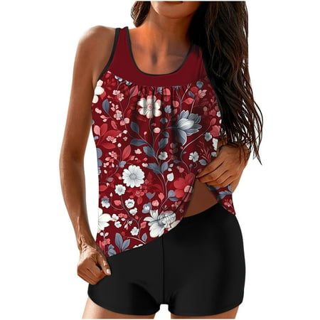 ZQGJB Tankini Swimsuits for Women Two Piece Bathing Suits Mesh Patchwork Scoop Neck Blouson Tank Top with Boyshorts Tummy Control Modest Swimsuits(Multicolor#06 M)