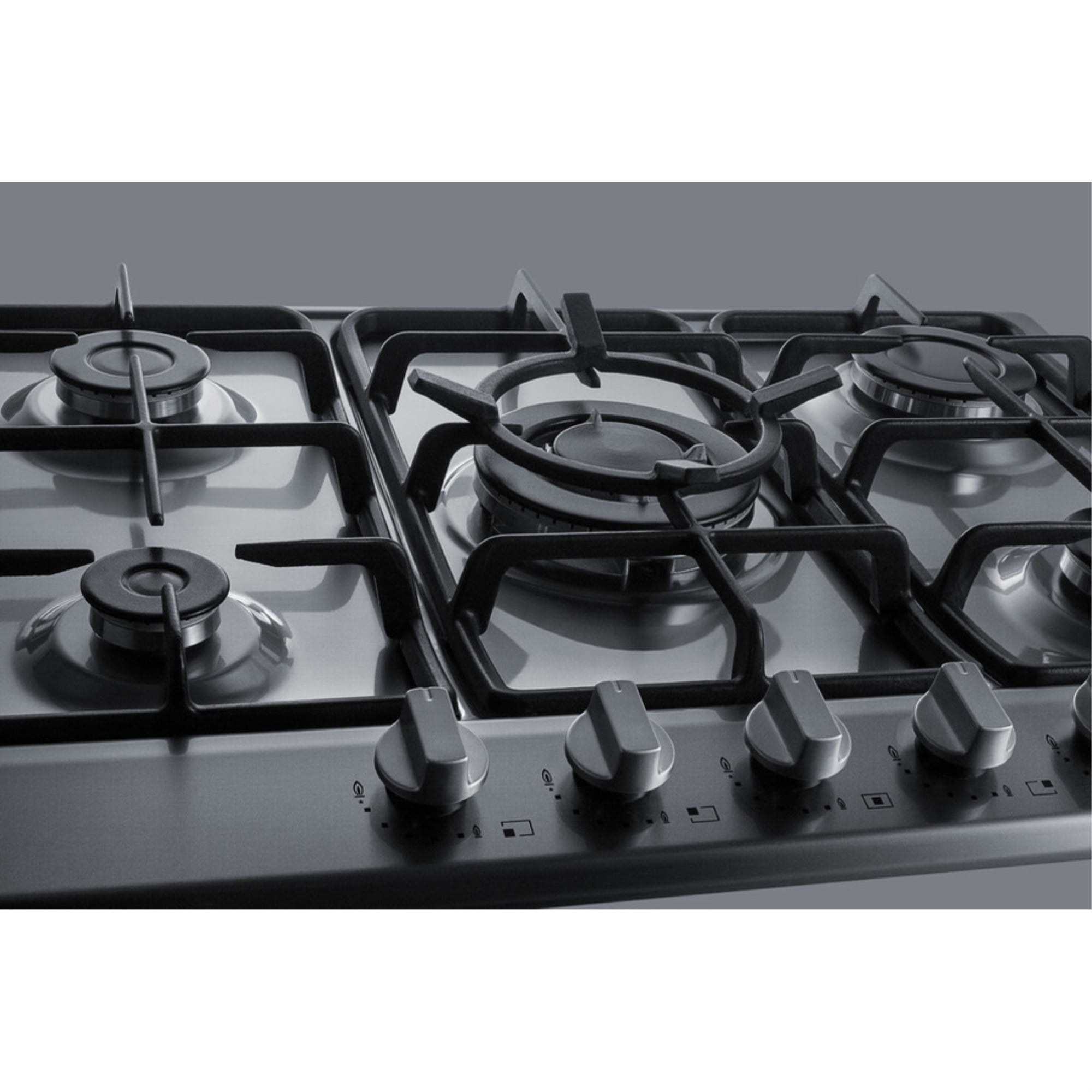 5-burner gas cooktop made in Italy in a stainless steel finish with sealed burners, cast iron grates, and wok stand; fits standard 24" wide cutouts