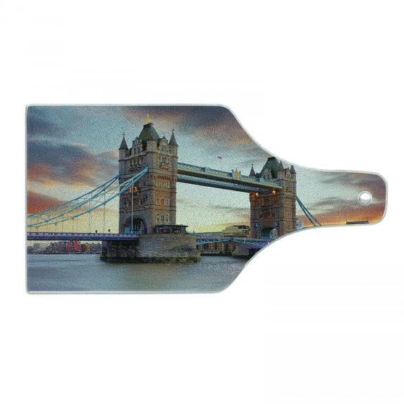 London Cutting Board, Historic Old Tower Bridge London British Kingdom Skyline Cultural Monuments, Decorative Tempered Glass Cutting and Serving Board, Wine Bottle Shape, Multicolor, by Ambesonne