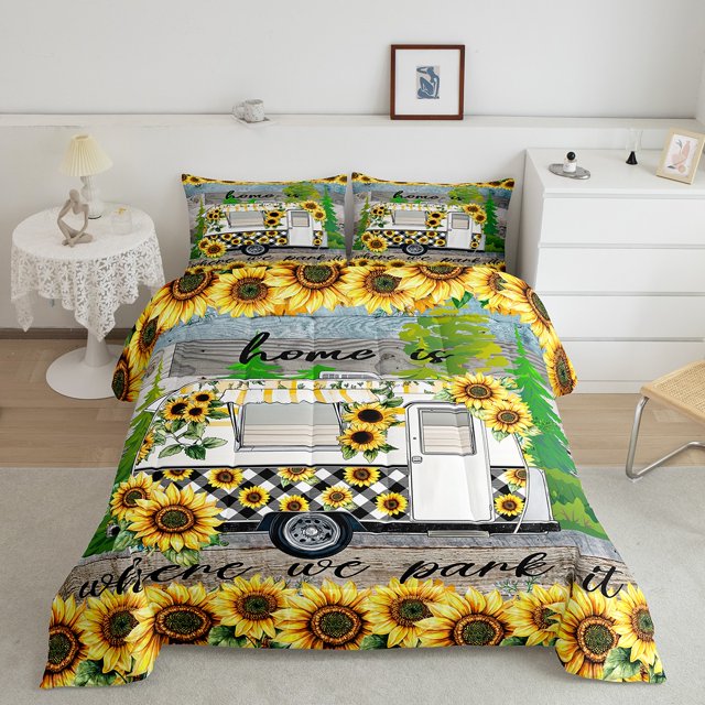 Erosebridal RV Car Bedding Twin Comforter Set, Vibrant Sunflower Down Comforter, Happy Camping Decor, 2pcs