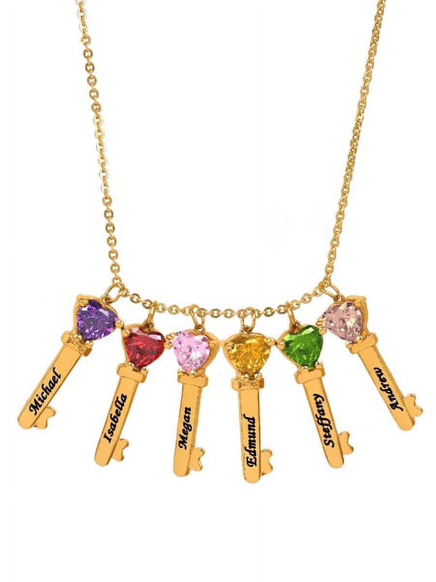 Personalized Family Key-Shaped Charm Pendant with Up to 6 Heart-Shaped Birthstones