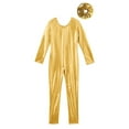 thumbnail image 5 of Alvivi Kids Girls Shiny Long Sleeve Gymnastics Jumpsuit Metallic Unitard Dance Costume with Headwear Gold 14, 5 of 6