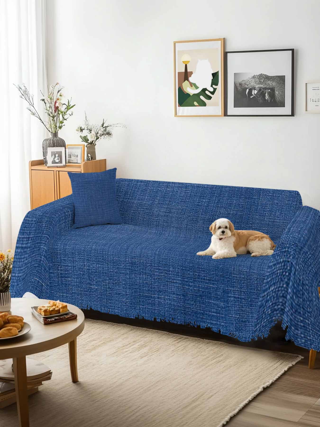 Navy Blue Couch Cover for 2 Cushion Couch, Vintage Country Monochrome Farmhouse Washable Love Seat Sofa Covers Slipcover, Throw Sofa Covers for Pets, Furniture Protector 71"x102"