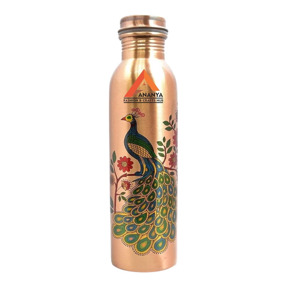 Pure Copper Bottle for Water, Digital Printed, Outside Peacock Design, Joint Less, Capacity 1000 ML