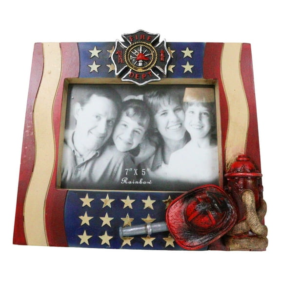 Patriotic Maltese Cross Fireman Helmet Hose Fire Hydrant USA Flag Picture Frame