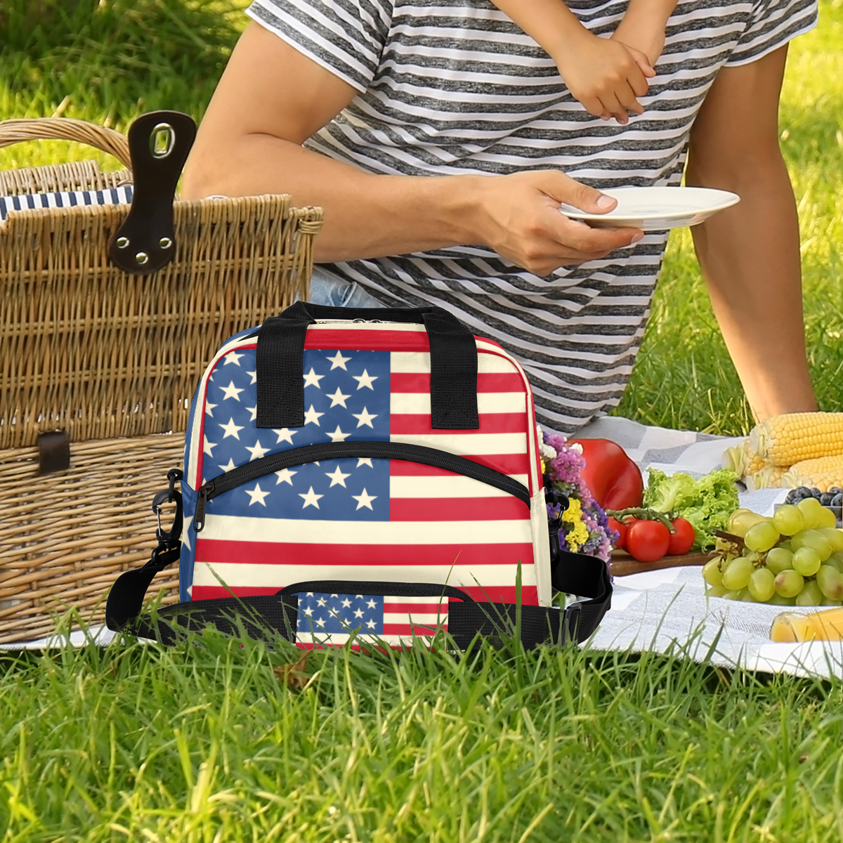 Herdesigns American USA Flag Insulated Lunch Bag for Women Men Adults Large Reusable Lunch Box 4th of July Leakproof Cooler Tote Bags with Adjustable Shoulder Strap