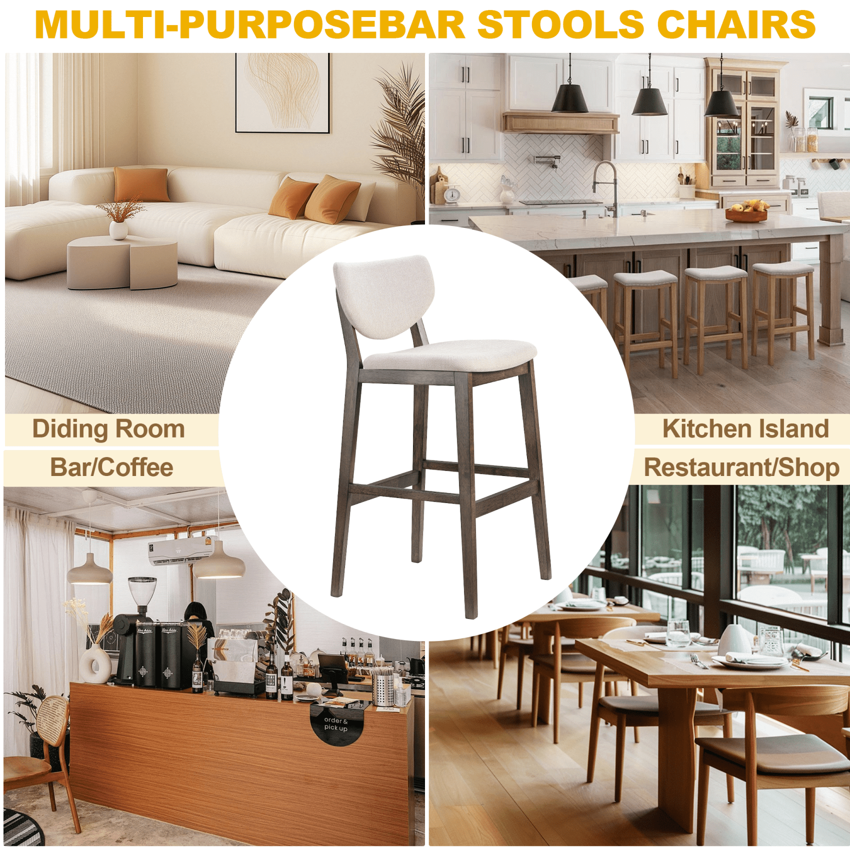 TrumanPick 30" Counter Height Bar Stools Set of 2, Modern Linen Upholstered Barstools with Back & Wood Legs, Farmhouse Kitchen Island Chairs for Dining Room Bar, Beige