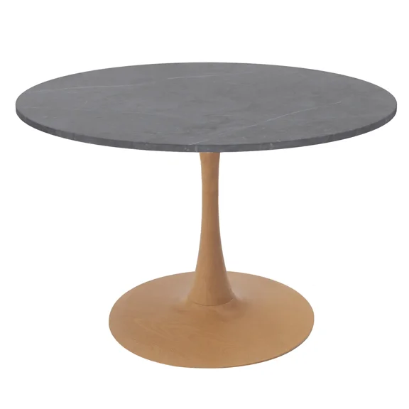 LeisureMod Bristol 36" Round Dining Table with Marbled Grey Sintered Stone Top and Steel Pedestal Base for Modern Kitchen and Dining Room
