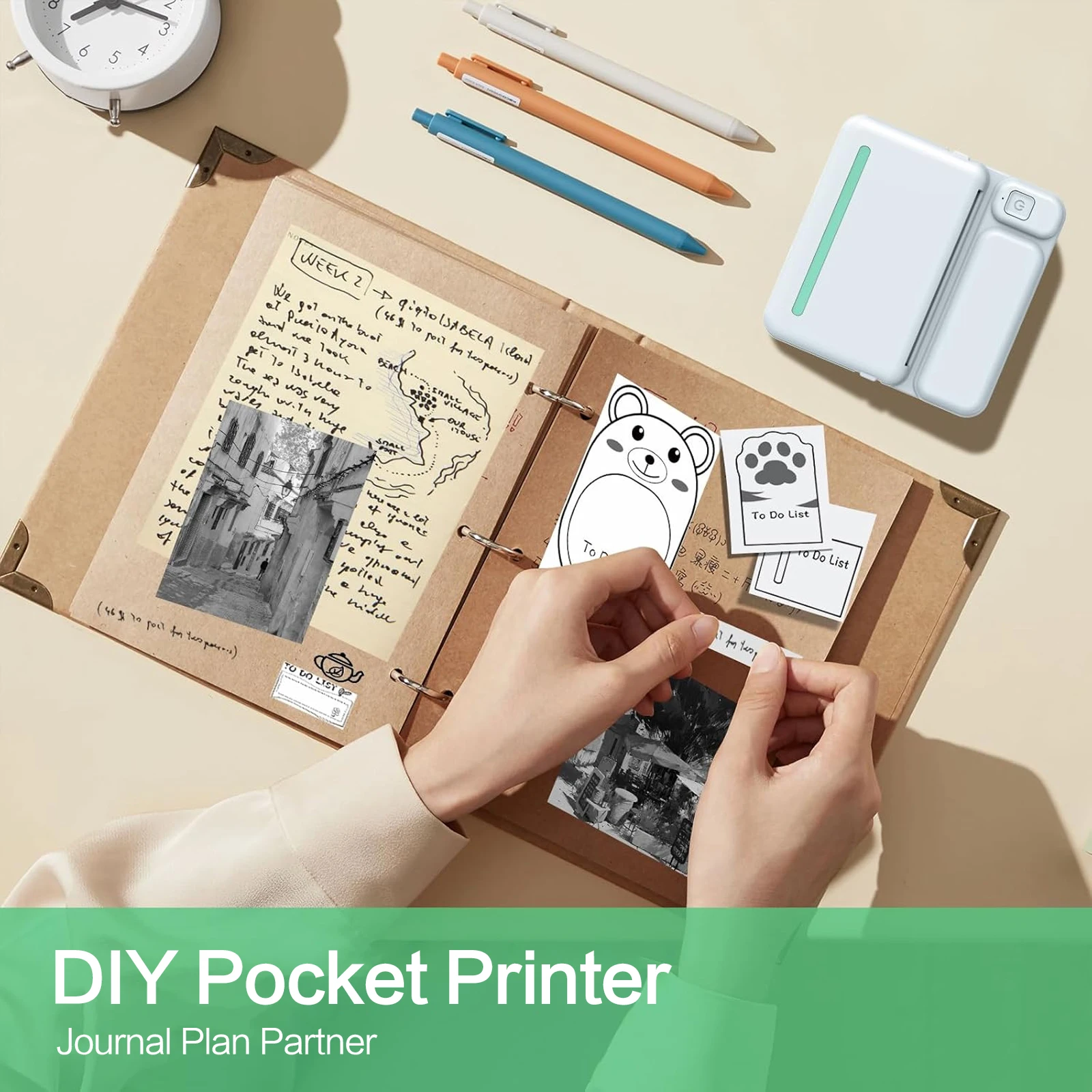 Mini Sticker Printer Bluetooth Portable Thermal Printer, Inkless Pocket Printer for Study Notes, Pictures, Photos, Journals, and Diaries - Includes 5 Rolls of Thermal Paper for Quick and Easy Printing