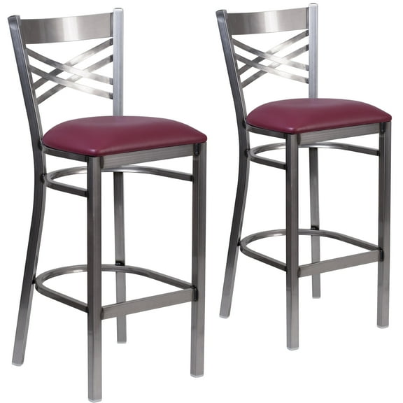 Flash Furniture 2 Pk. HERCULES Series Silver Antique Finish with Clear Coat ''X'' Back Metal Restaurant Barstool - Burgundy Vinyl Seat