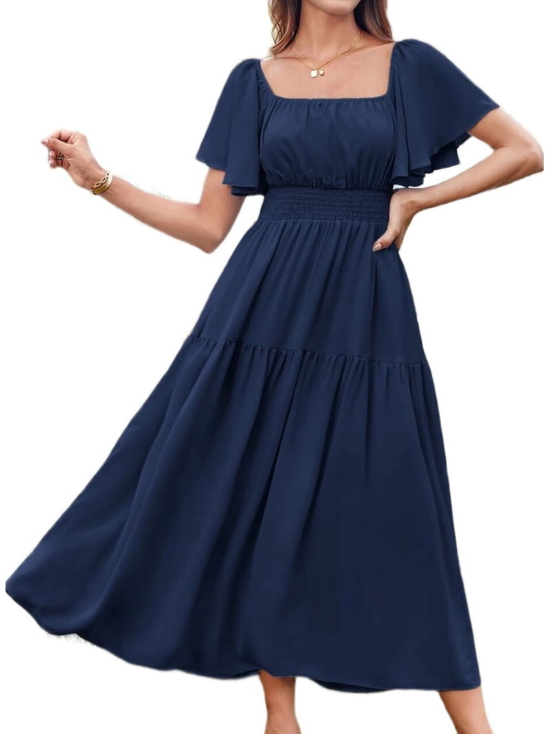 Knee Length Nice Navy Blue Dress Womens Spring Summer Dress Dot Puff Sleeve Short  Dress V
