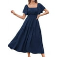 thumbnail image 2 of Women'S Summer Short Sleeve Square Neck Smocked Waist Casual Vacation Tiered Flowy Maxi Dress Navy Blue M, 2 of 6