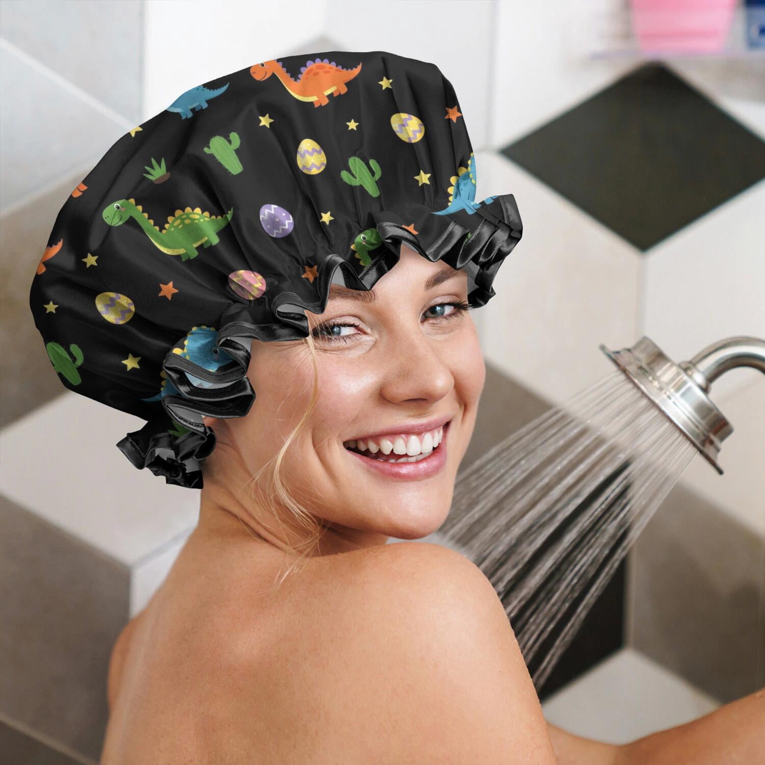 Shower Caps,Black Dinosaurs Eggs Cacti Pattern Waterproof Shower Cap for Women 4 Pieces,Double Reusable Hair Cover for Shower PEVA Elastic Stretch Hem