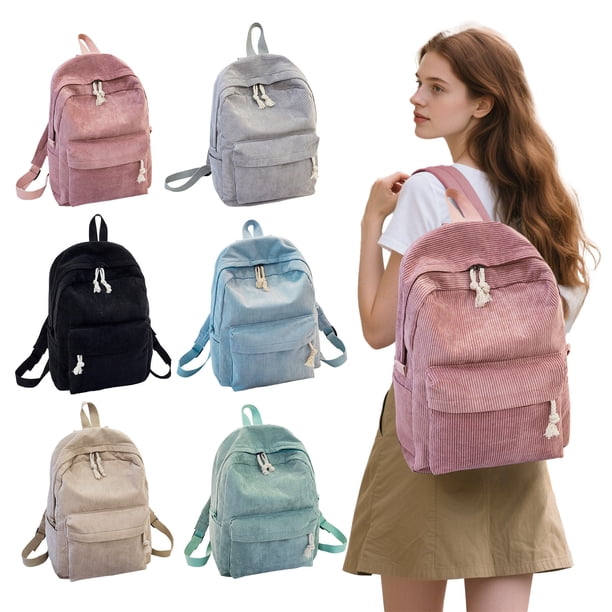 Mochila Escolar de Pana a Rayas Estilo Coreano | Mochila para Estudiantes de Secundaria (Mujer) | Negra | 40 X 28 X 12 Cm | Ligera y Resistente | 1 Unidad