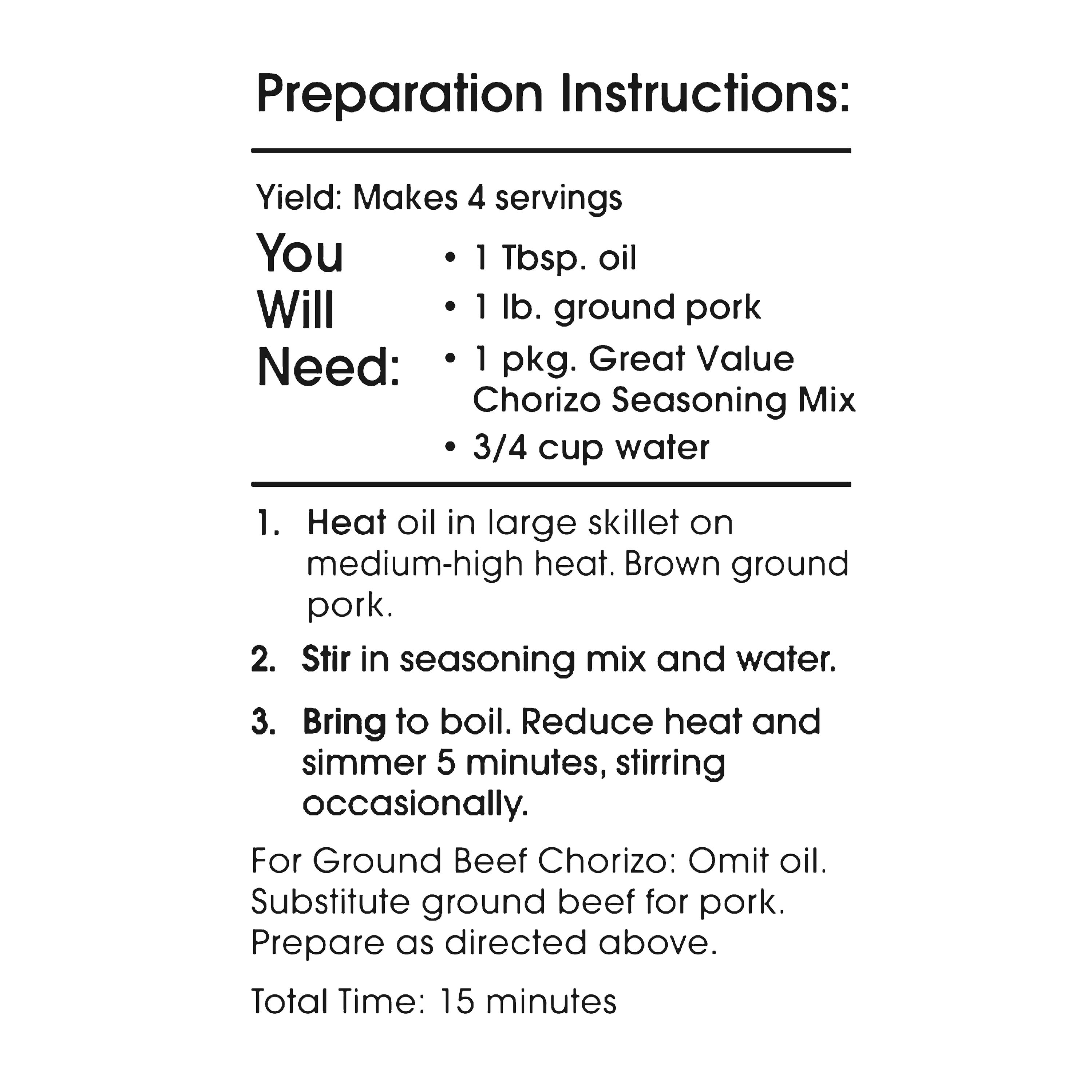 GREAT VALUE SEASONING MIX CHORIZO 1 OZ