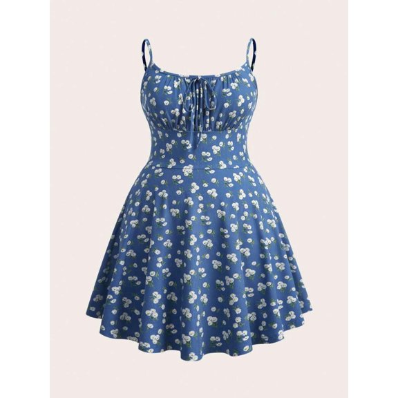 Dusty Blue Floral Print Fit & Flare Mini Dress With Spaghetti Straps And Tie Front