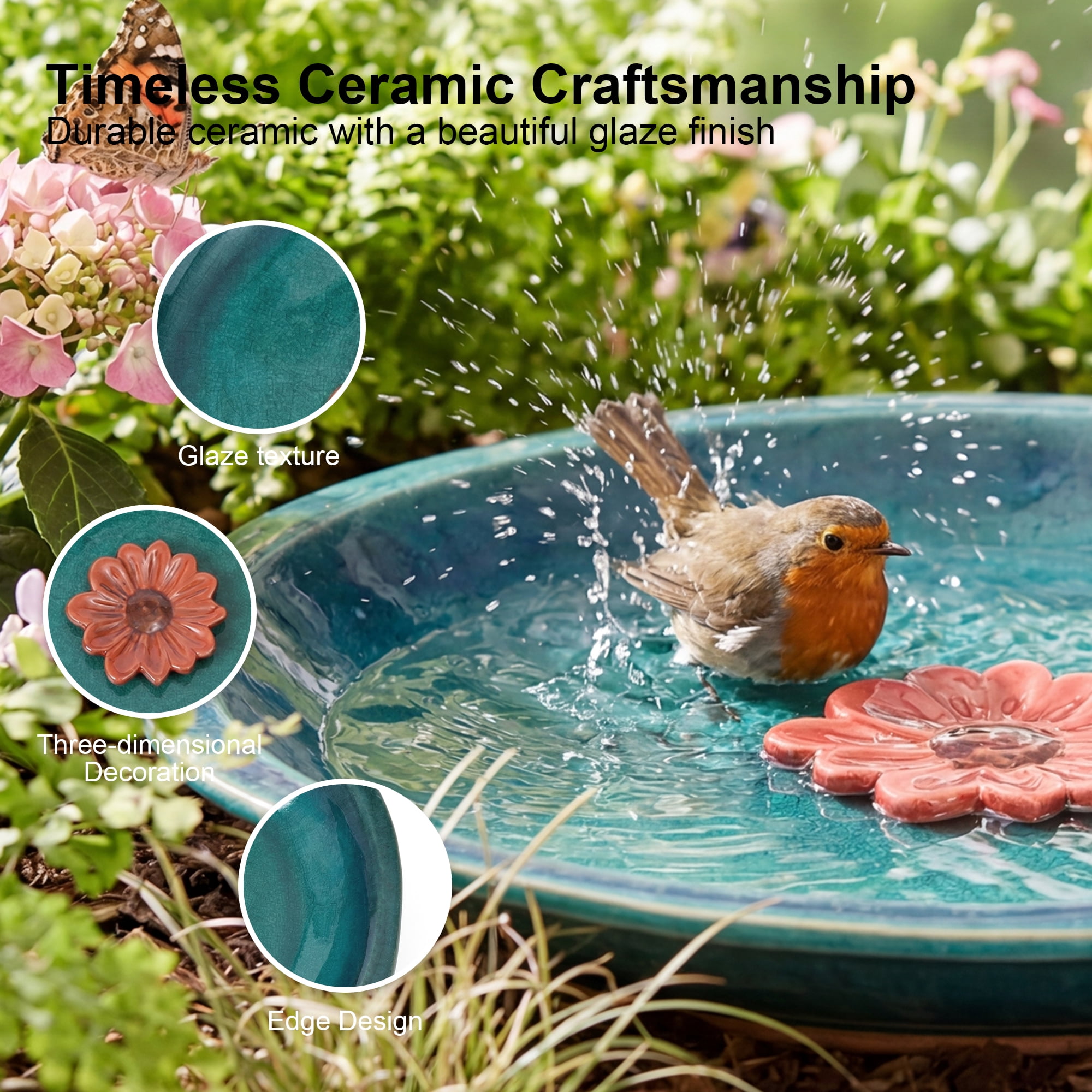 Topadorn Birdbath Ceramic Bowl Decor for Bee Bird Bath Outdoor Garden Vintage Yard,Blue with Red Flower