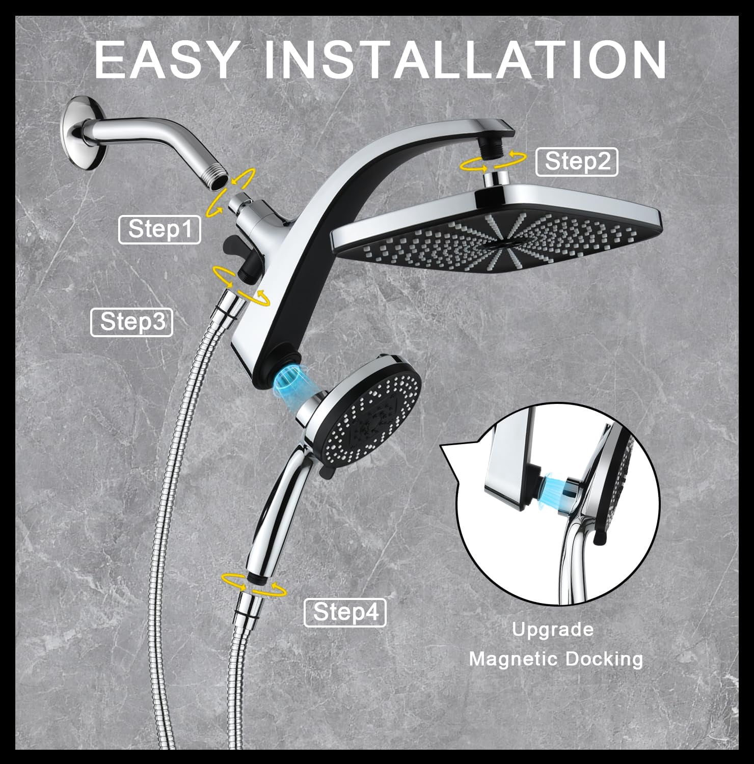 High Rain Shower Head: Upgrade Heads With Handheld Spray Combo Fixed Showerhead And 10 Sprays Head  Detachable Built-in Magnetic Docking Power Jets