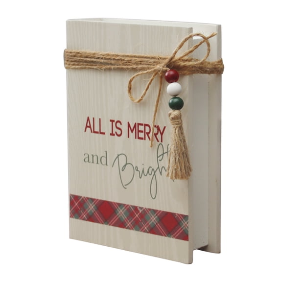 Parisloft All Is Merry and Bright Decorative Faux Wood Book - Farmhouse Rustic Christmas Decor - Cream Finish, Twine and Beads Accents - 4.5"W x 6.5"H