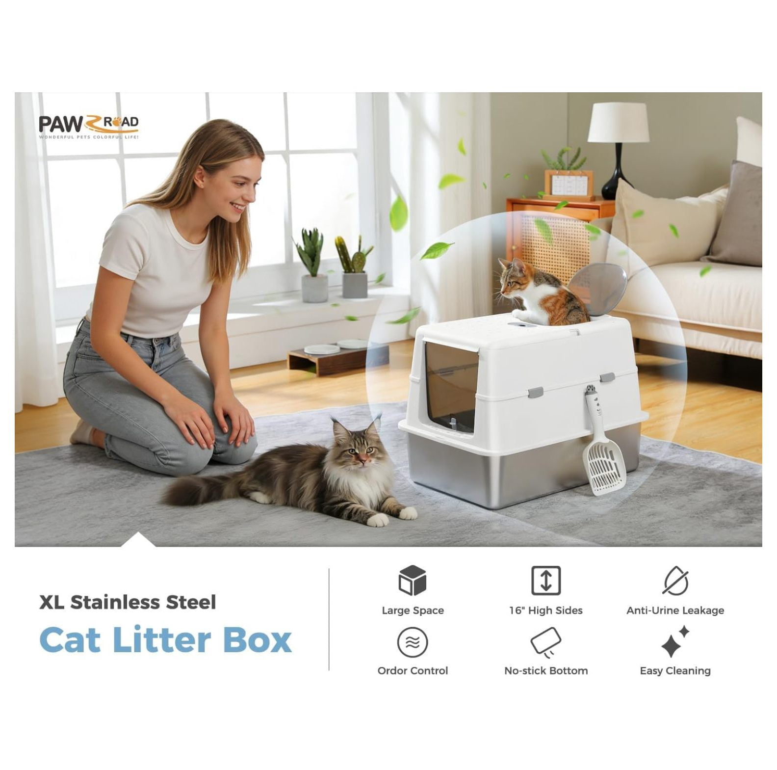 Stainless Steel Cat Litter Box, XL Extra Large Enclosed Litter Box with Non-Sticky Metal Pan, 16" High Sides& Anti-Leakage with , Front & Top Dual Entry for Big Cats, White