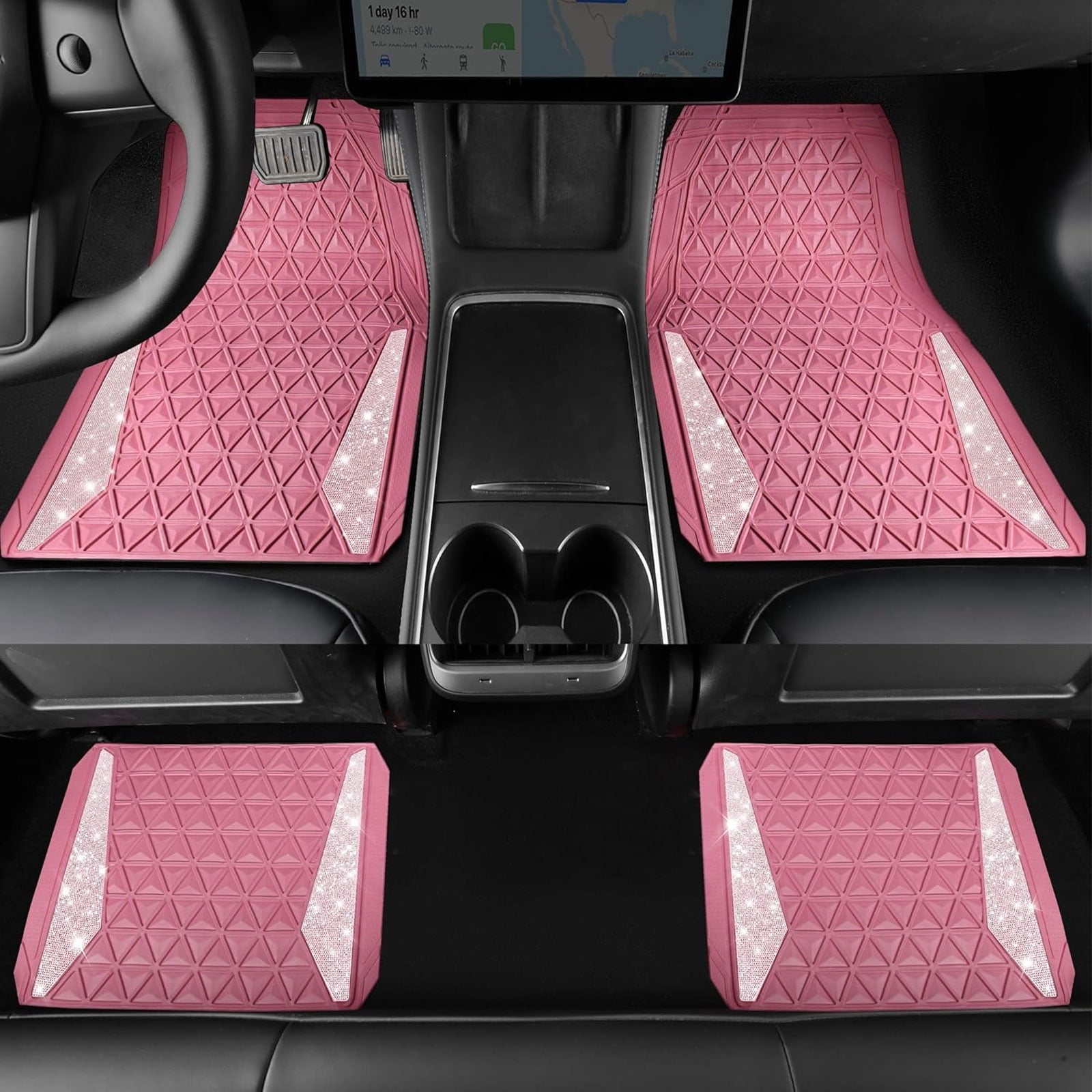 CAR GRAND Bling diamond rubble automotive floor mats full set anti-slip water proof universal fit glitter crystal sparkly shining rhinestone girl woman lady femal pink