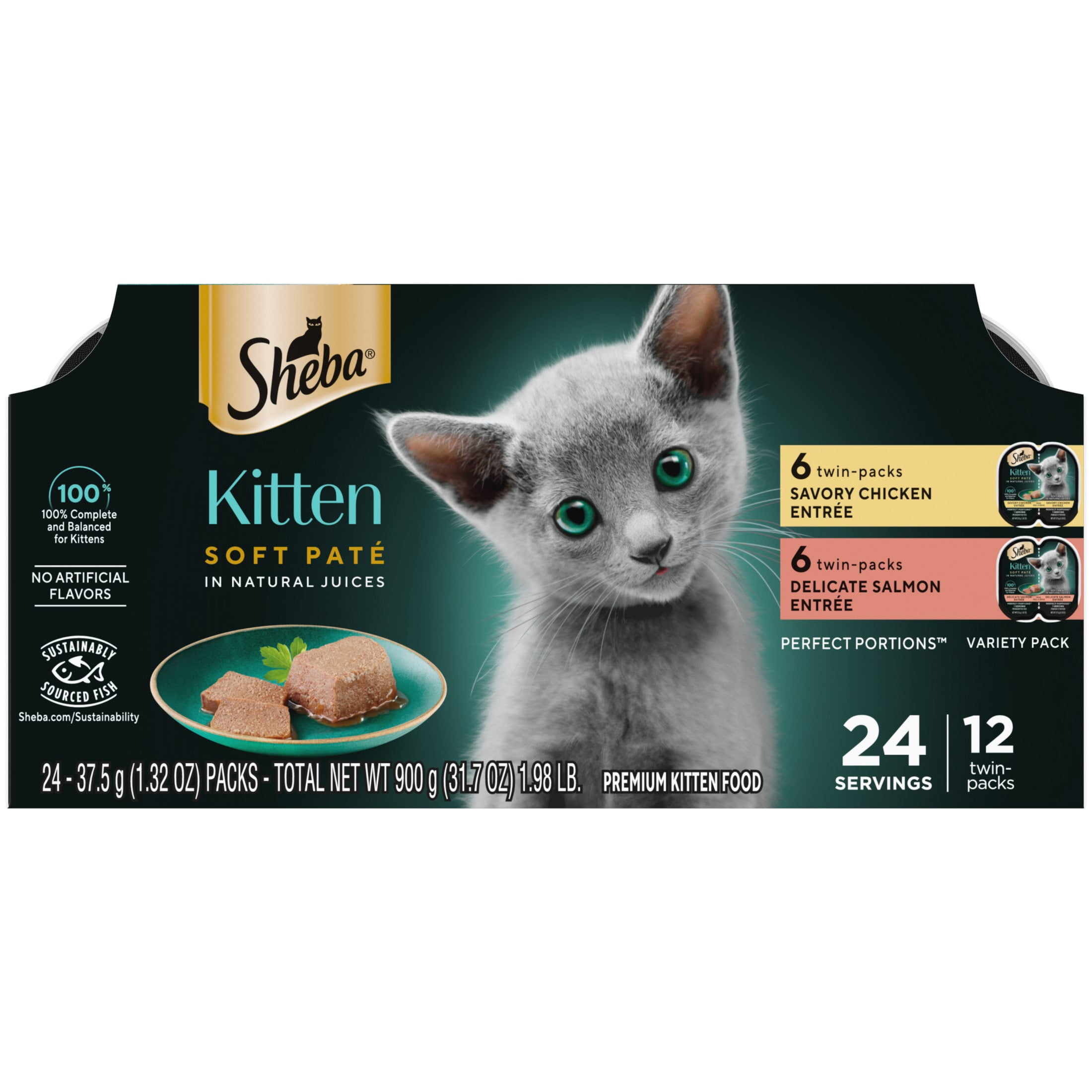 (2 pack) Sheba Perfect Portions Kitten Variety Flavors Pate Wet Cat Food, 2.6 oz Twin-Pack Trays (12 Pack)