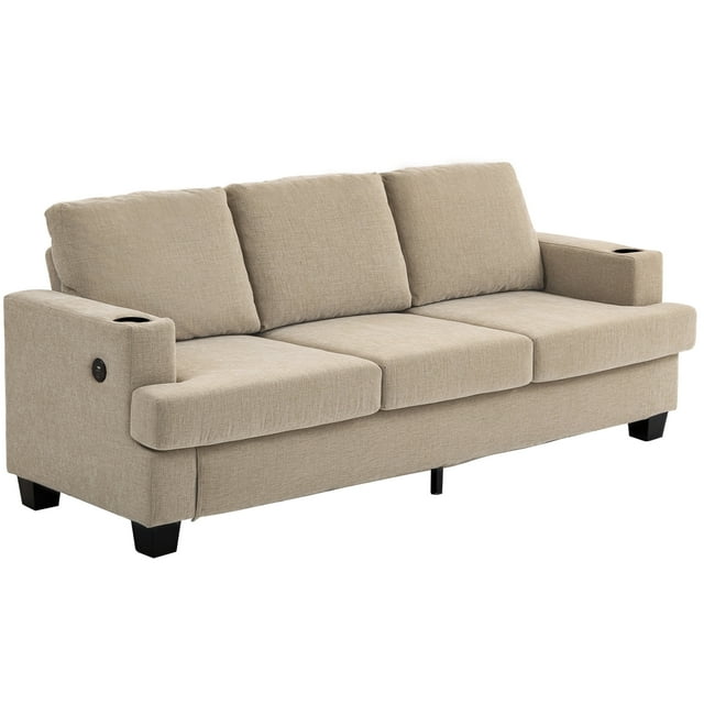 HOMCOM Canapé 3 Places, Sofa Rembourré avec Ports USB et Porte-Gobelets, Brun