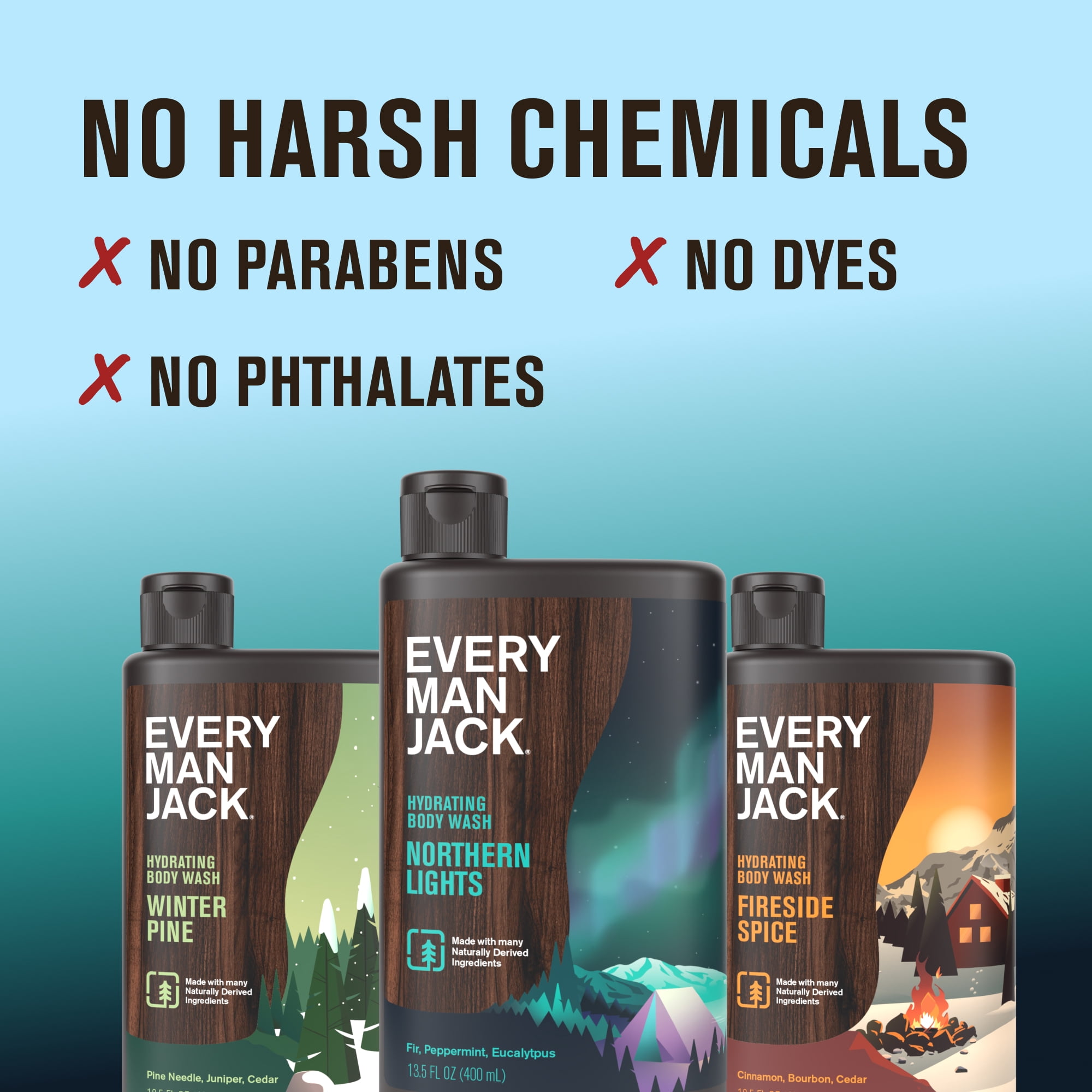 Every Man Jack Mens Body Wash Holiday Gift Set - 3 Invigorating Winter Scents - Deeply Cleans, Hydrates with Naturally Derived Ingredients - 13.5 oz (3 pack)