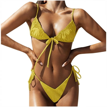 

VKEKIEO Two-Piece Sets Swimsuit Sport Bra Style Soft Cup Yellow L