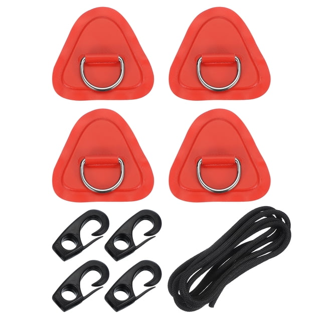 Uxcell D-Ring Patch 4 Pcs 3.5 Inch Triangle PVC Patch Pad Stainless Steel D-Ring with 8.2ft Elastic Cords Red