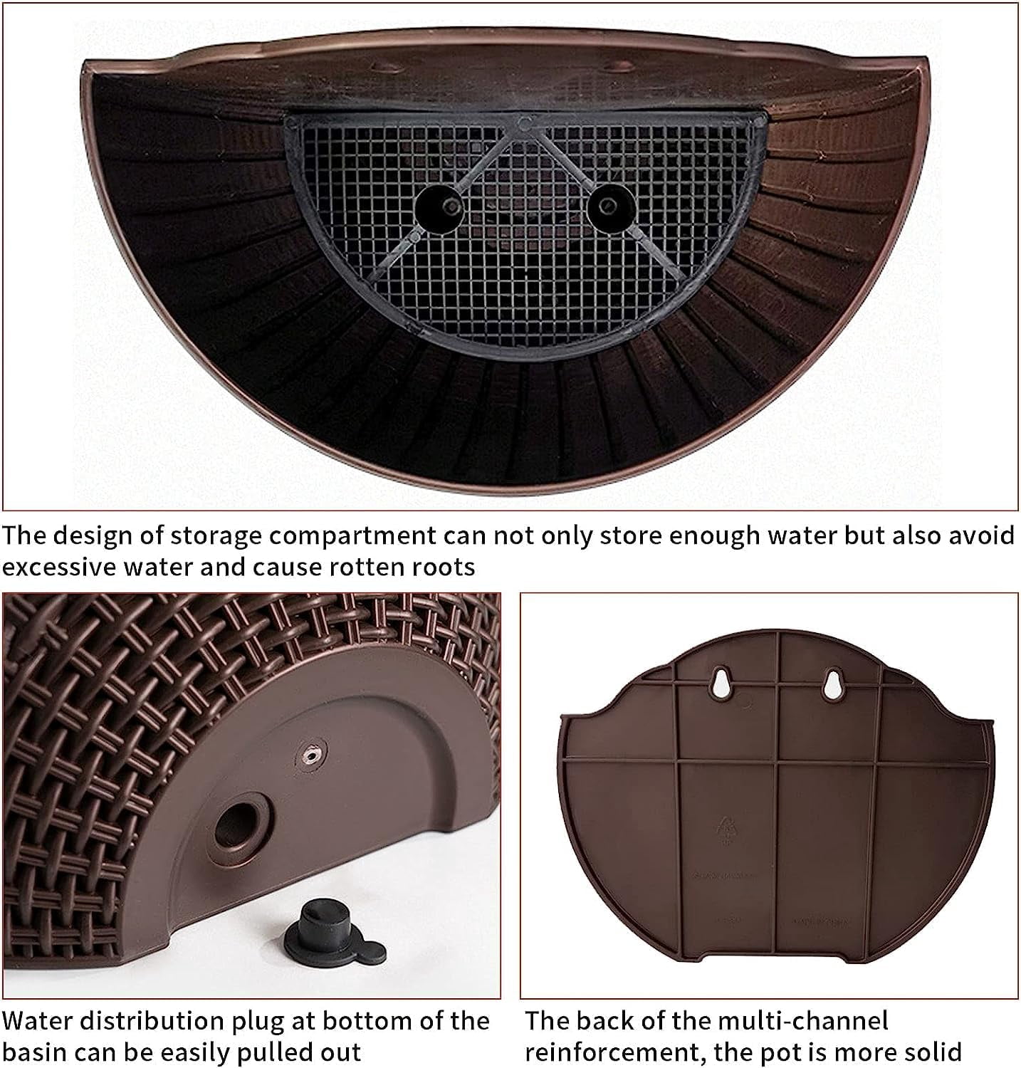 Gixusil 2 Pcs Imitation Rattan Wall Hanging Flower Pot,Semicircle Hanging Planters Outdoor with Drainage Hole and Hooks, Plastic Garden Hanging Basket for Balcony Fence ((Black)
