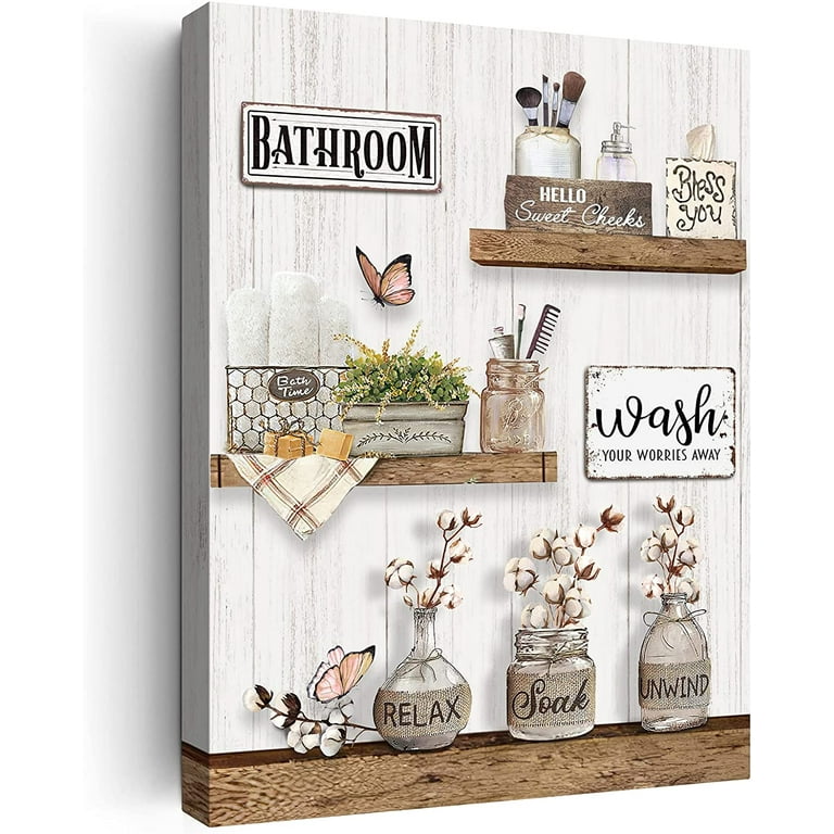 Farmhouse Bathroom Decor Wall Art Rustic Flower and Butterfly